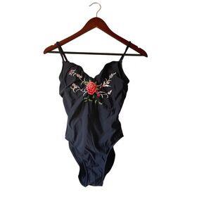 Vintage Black Floral Rose Embroidered One Piece Swimsuit‎ cottagecore